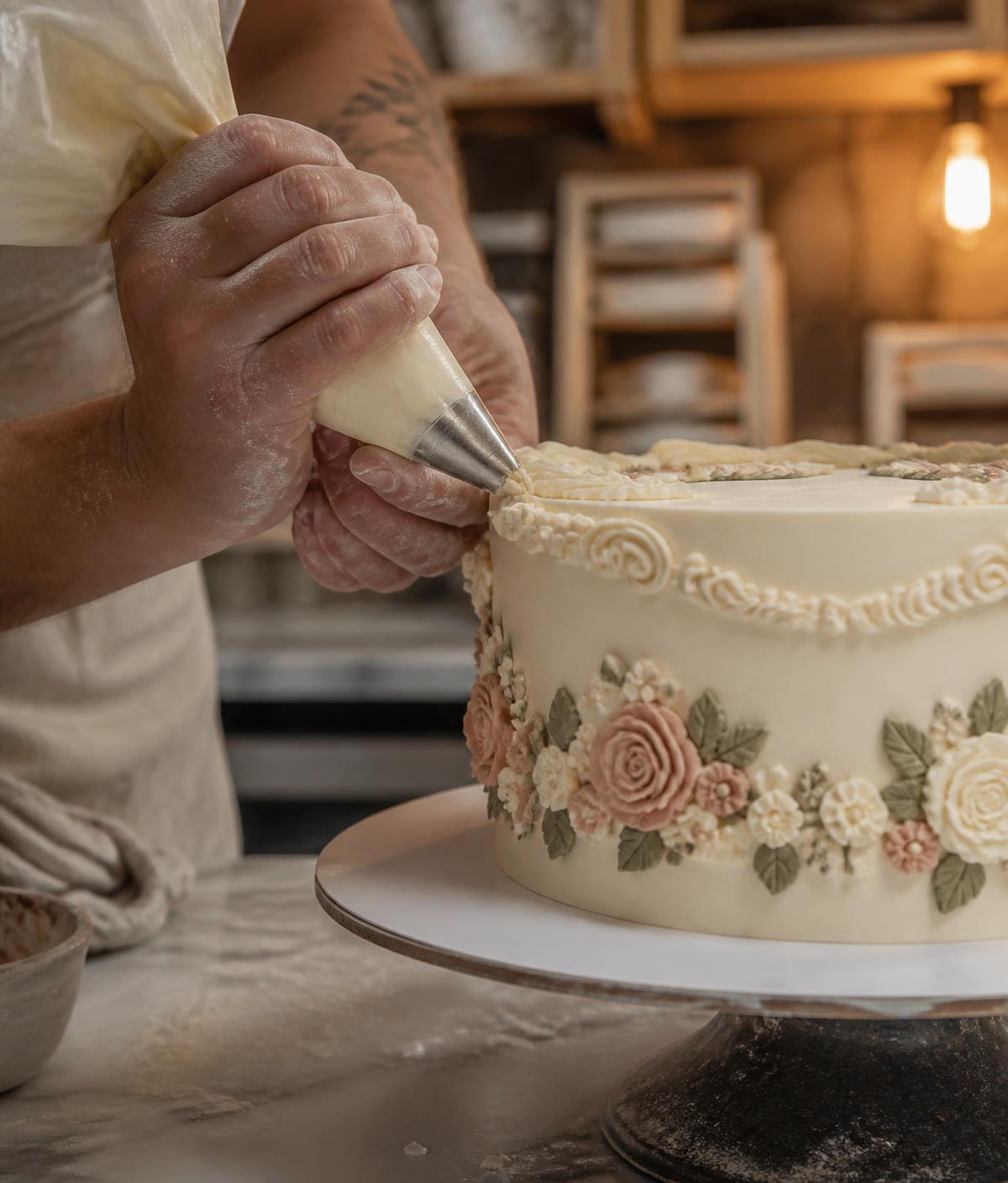 Baker hand-piping buttercream florals onto a custom cake at I Knead Sugar in Clemmons NC