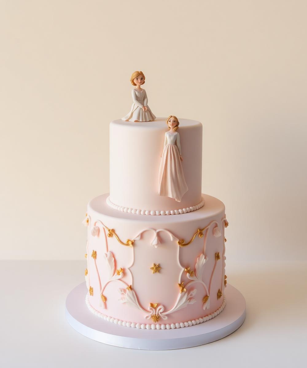 Custom birthday cake with hand-sculpted fondant figures and gold detailing