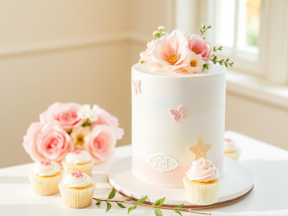 Pastel baby shower cake with sugar flowers and matching cupcakes
