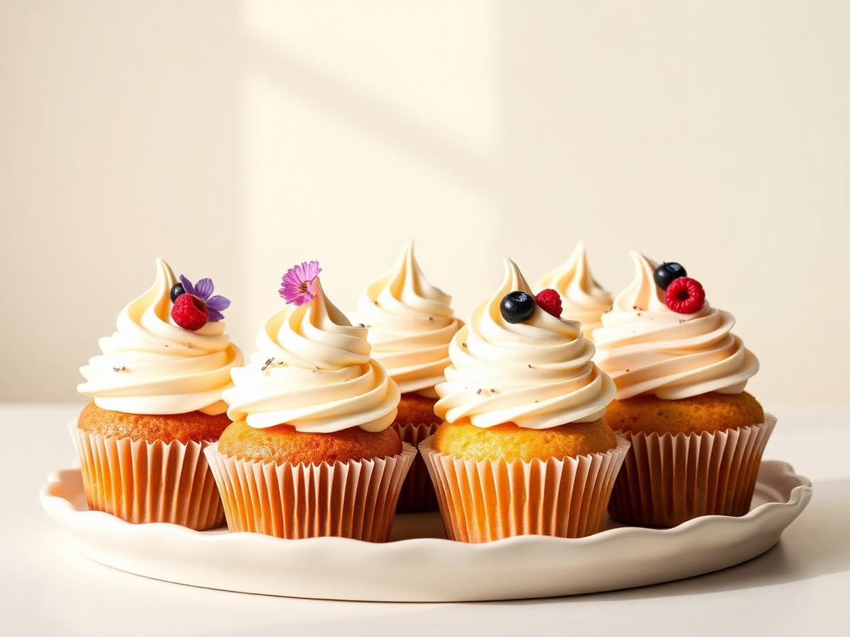 Gourmet cupcakes with buttercream swirls and berries