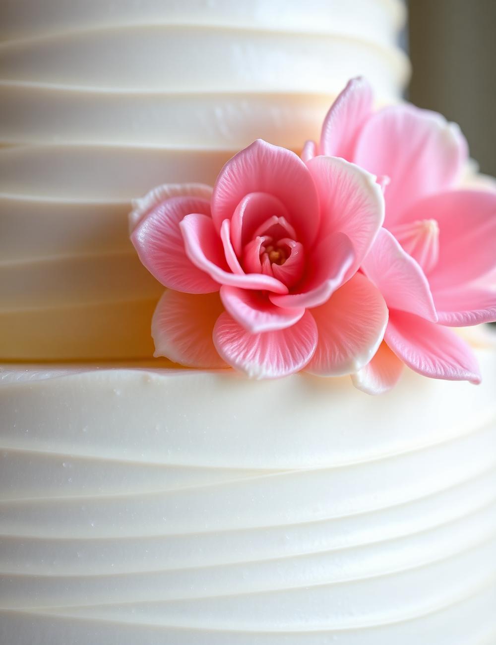 Close-up of a handmade sugar flower on textured buttercream cake tier