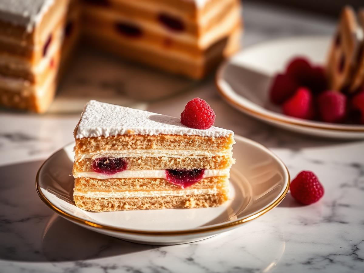 Slice of European-style wedding cake with cream layers and raspberries