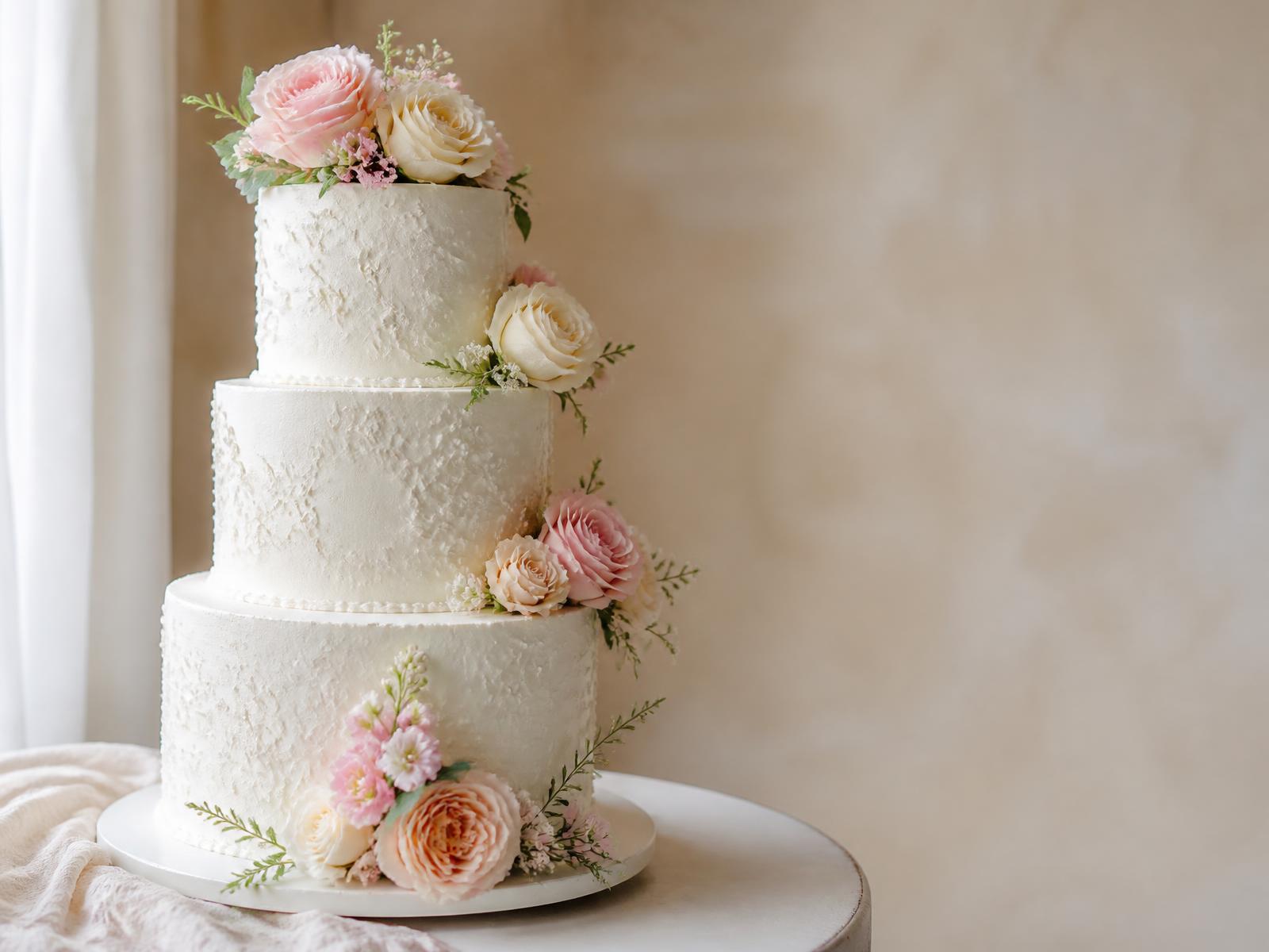 Three-tier custom white buttercream wedding cake with fresh roses by I Knead Sugar in Clemmons, NC